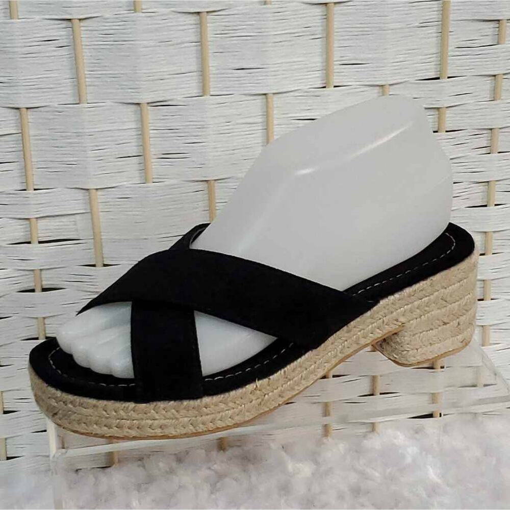So Me Womens 6.5 Izzy Slide Sandals Black Faux Suede Chunky Rope Slip On New